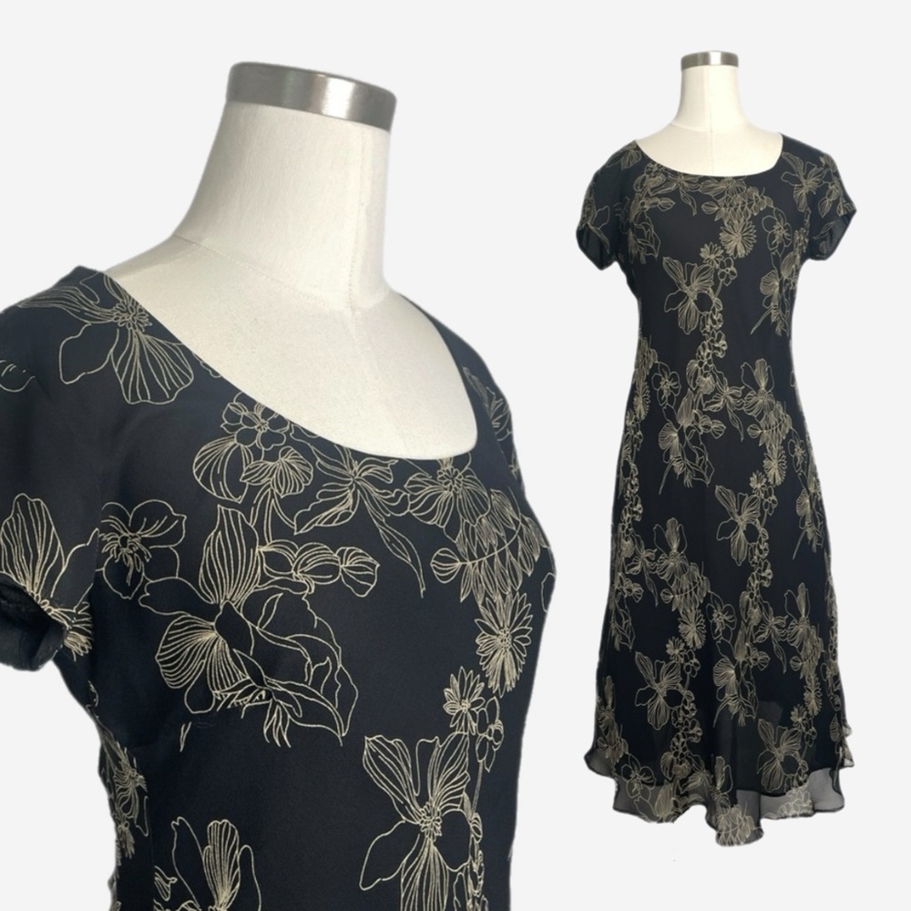 Vintage Y2K Sara Campbell black tan floral dress layered whimsigoth neutral S/M